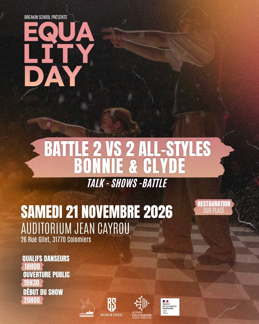 Affiche Equality Day 2026 - Battle 2 vs 2 All-Styles Bonnie & Clyde, samedi 21 novembre 2026, Auditorium Jean Cayrou, Colomiers